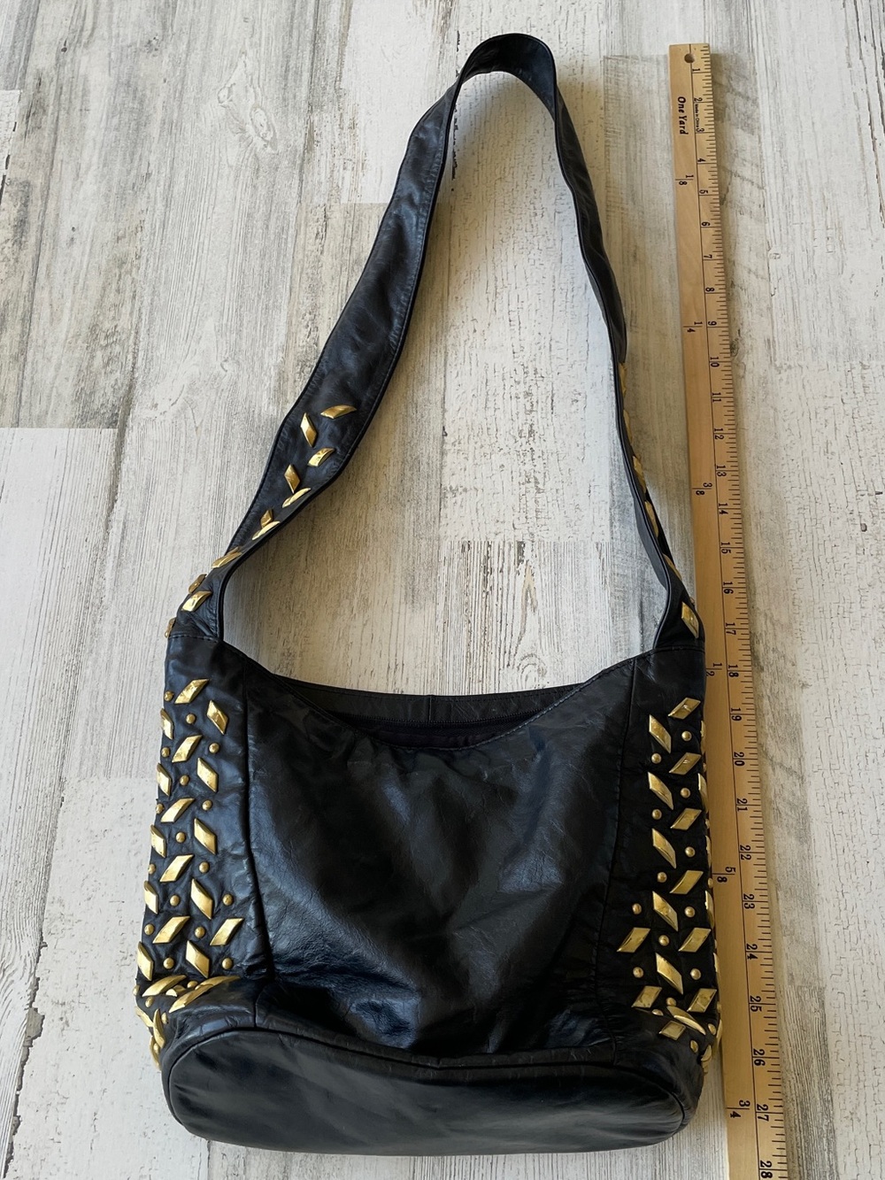 Vintage Black Leather Gold Studded Shoulder Bag Hobo Paris Handbags New York